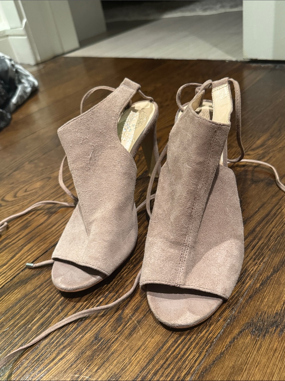 Vince Camuto Taupe Suede Lace-Up Open-Toe Heels